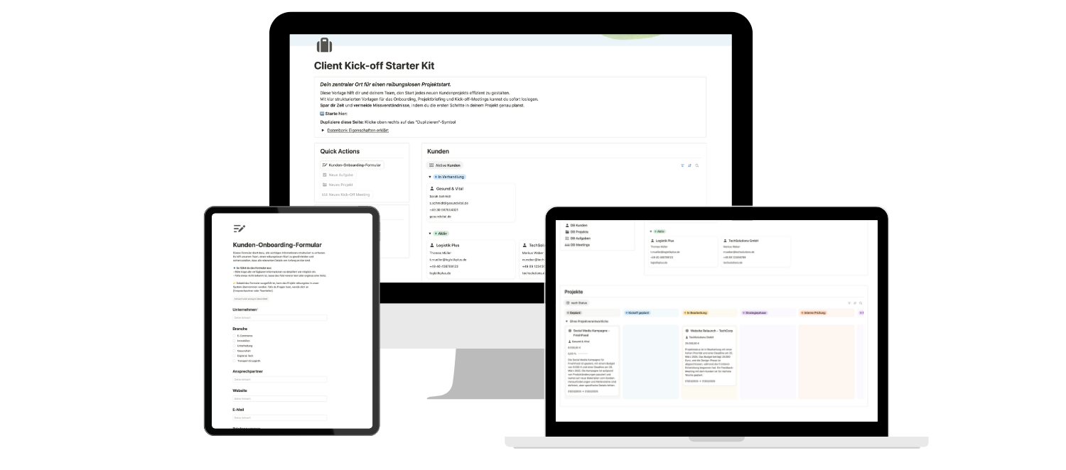 Laptop, iPad und Desktop-Bildschirm mit der Notion-Vorlage im Bild
